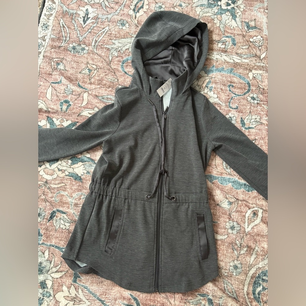 NWT XS White House Black Market Gray Zip Up WKND Ball Chain Hoodie